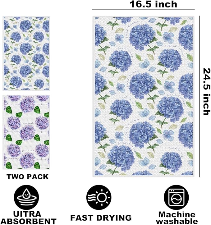 Jztco 2Pcs Hydrangea Spring Kitchen Towels 24x14 Inch, Hydrangea Waffle Hand Towels for Kitchen Home Decor, Absorbent Microfiber Dish Cloth Tea Towel, Floral Housewarming Gifts for Women Mom