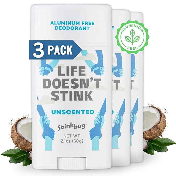 Stinkbug Naturals Organic Aluminum Free Deodorant Stick with Unscented, Coconut Oil and Essential Oils, Paraben Free, Sensitive Skin Deodorant, 2.1 Ounces Pack of 3