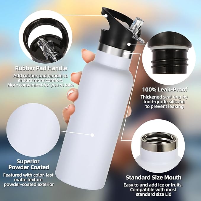 Volhoply 17oz Insulated Water Bottles Bulk 4 Pack,Stainless Steel Kids Water Bottle with Straw Lid,Double Wall Vacuum Sports School Flask Keep Cold (White,4 Set)