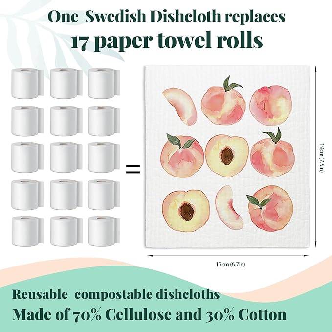 Peach Swedish Dishcloths for Kitchen, Pink Peach Cute Swedish Dish Cloths for Friut, Papaya Reusable Paper Towels, 4 Pack Cleaning Cloth for Kitchen, Reusable Paper Towels Washable