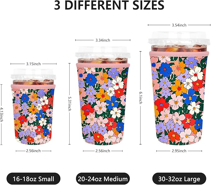 Iced Coffee Sleeve, Reusable Insulated Neoprene Cup Sleeve for Cold & Hot Drinks Beverages, Cup Holder for 22-24oz Coffee Cups, Watercolor Flowers