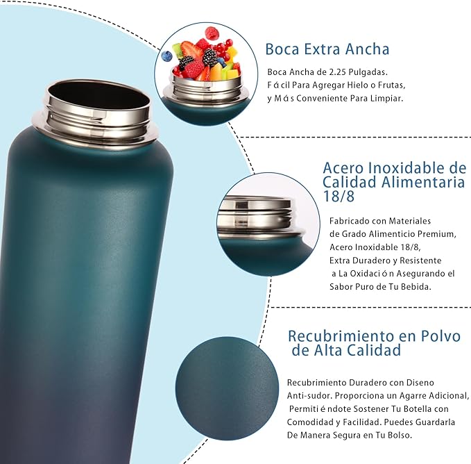 Volhoply Insulated Water Bottles Bulk 2 Pack, 40 oz Stainless Steel Sports Bottle with Paracord Handle & Spout Lid,Double Walled Water Cups with Wide Mouth, Reusable Big Water jug(Assorted,2 Set)