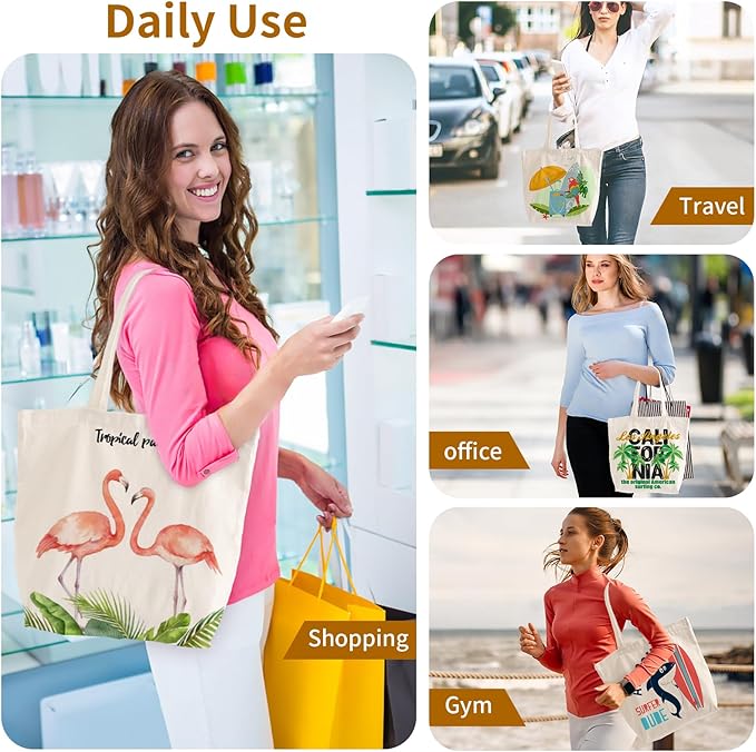 10 Pack Canvas Tote Bag with Zipper, Reusable Grocery Bags with Long Handle, DIY Heat Transfer Sublimation Blanks Shopping Bags for Advertising, Birthday, Thanksgiving, Christmas Craft Bags