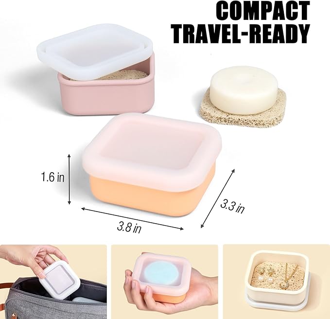 OTHIX 2 Pack Leakproof Silicone Travel Soap Case, Small Bar Soap Holder Container with Drainage Layer & Mini Portable Soap Dish for Shampoo Bars, Bathroom, Gym, Travel, Camping (Pink & Peach)
