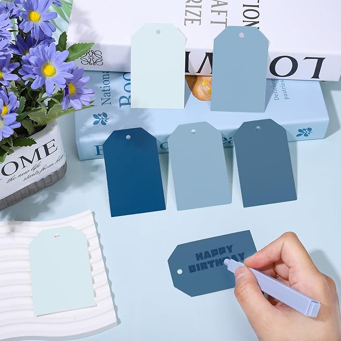 Whaline 120Pcs Dusty Blue Gift Tags Gradient Blue Hanging Labels with Hemp Rope Bulk 4 Colors Blank Paper Tags for Wedding Birthday Holiday Baby Shower DIY Art Craft Supplies