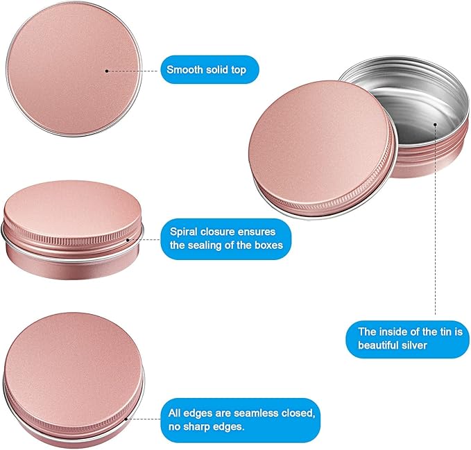 Patelai 72 Pcs 2 oz Aluminum Tins Salve Containers with Screw Lid and Labels Round Cans Travel Cosmetic Metal Tins Jar for Candles Lotion Bars Balms Food Spice Candies DIY Crafts(Rose Gold)