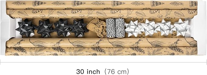 RUSPEPA Christmas Wrapping Paper Set - 4 Rolls of Kraft Wrapping Paper (30 Inches x 10 Feet Per Roll) with 8 Gift Bows, 1 Spools of Bakers Twine, Jute String, 30 Stickers and 30 Gift Tags - Black