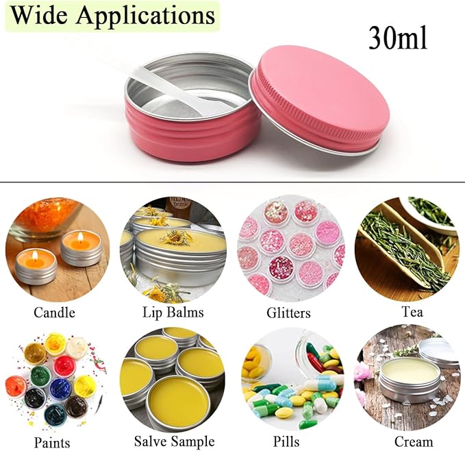 12pcs 1oz 30ml Aluminum Tin Jar, 30g Refillable Makeup Container, 30 Gram Pink Screw Lid Round Can Sample Pot for Cosmetic DIY, Lip Balm, Cream, Salve, Toner, Candle, Free Spatulas +Lables