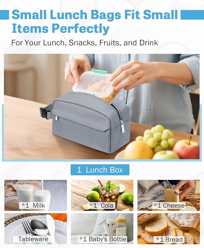 Small Insulated Snack Bag Lunch Box,Collapsible Reusable Small Lunch Bag with Snap Buckle Handle for Beach Travel Picnic,Grey 5-Can(3L)