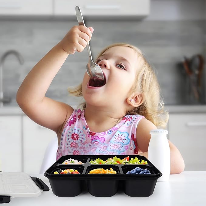 greenandlife 4 Pack Bento Lunch Box Set for Kids Adults, 5 Compartment Reusable Wheat Straw Meal Prep Food Storage Snack Containers, Stackable Snack box, Microwave and Dishwasher Safe, Grey+Black