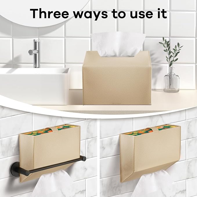 Tissue Box Cover Holder Compatible with Kleenex Disposable Paper Hand Towels, Leather Paper Towel Dispenser for Tabletop, Bathroom, Car, Office (Beige-2 Pack)