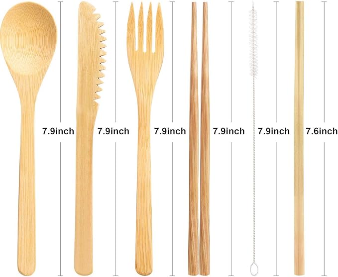 Boao 4 Sets Bamboo Utensils Wooden Utensils Set Japanese Style Reusable Cutlery Travel Chopsticks Fork Spoon Straw Portable Utensil Case for Travel Hiking Picnic Camping Cooking Kitchen(Chic Style)