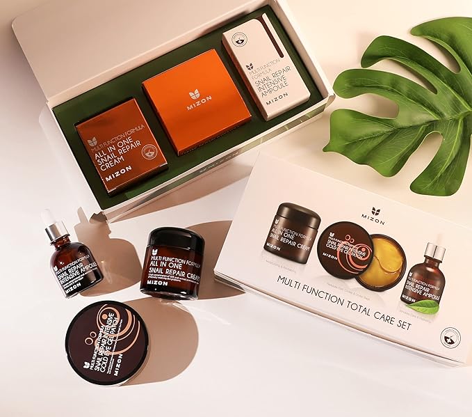 MIZON Multifunction Total Care Set Skincare routine with 24K Gold Snail Eye Patches (30 pairs) All in One Snail Repair Cream (2.53Fl Oz) and Snail Repair Intensive Ampoule (1.01Fl Oz)