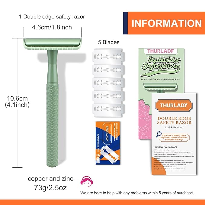 Forest Green Safety Razor - Single Blade Razors for Women - Reusable Metal Razor, with 5 Stainless Steel Double Edge Blades, Smooth Close Shave, Sustainable, Plastic Free
