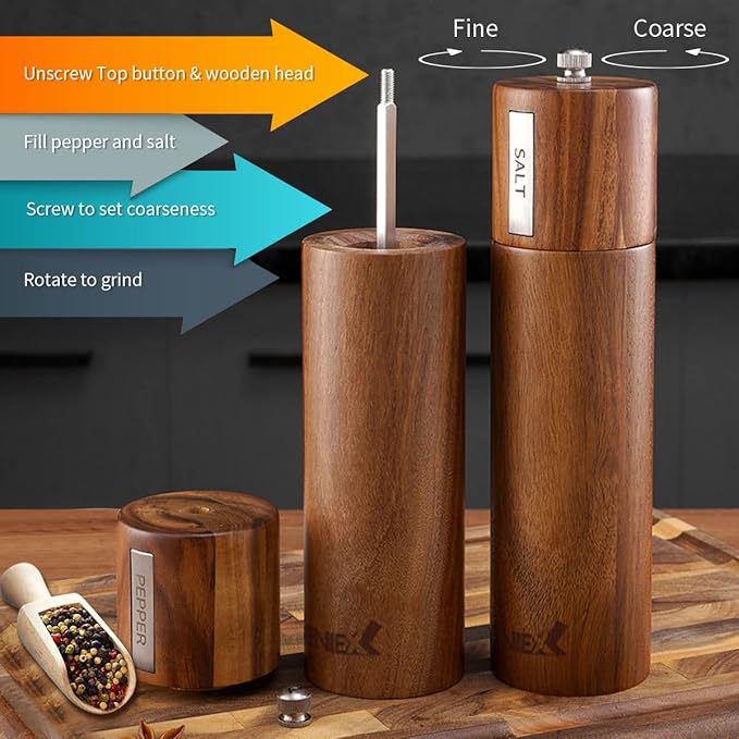 KING Acacia Salt Pepper Wood Grinders, Wooden Salt and Pepper Grinder Set, Refillable and Adjustable, 8" Tall Manual Salt Pepper Grinder Mill 2pcs, Cool House Warming Gift and Home Gifts