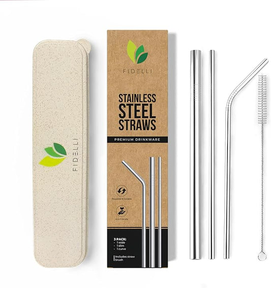 Eco-Friendly Reusable Stainless Steel Straw Set – 3-Piece Travel Kit with Cleaning Brush & Portable Case – Ideal for Smoothies, Cold Drinks, Boba Tea & Eco-Conscious Living