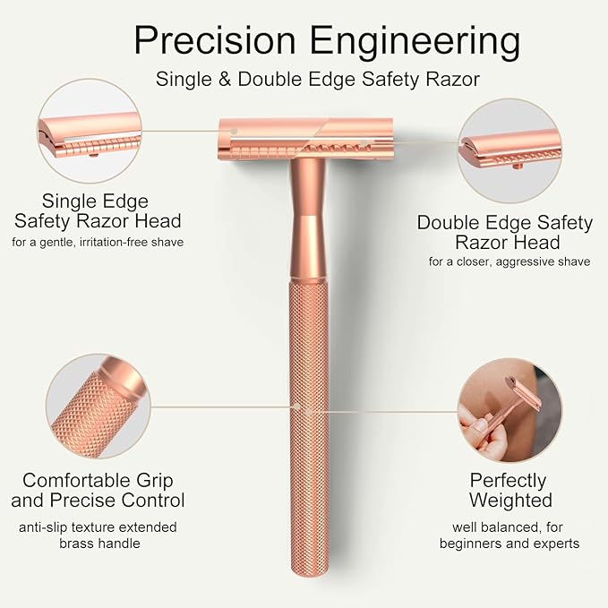 Safety Razor with Stand, Single Blade Razors for Women and Men, Reusable Metal Razor, with 10 Double Edge Blades, Smooth Close Shave, Plastic Free, Rose Gold