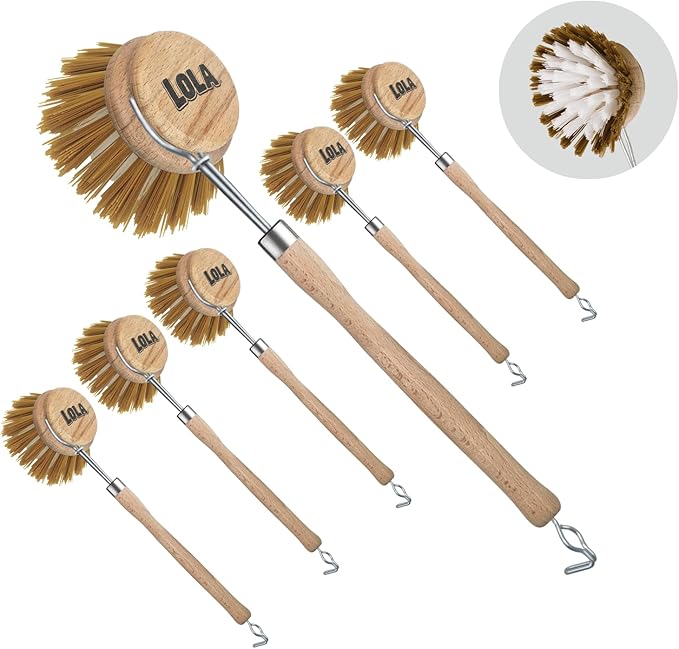 LOLA -The Original - Dishwashing & Vegetable Brush, 6 Pack, Hardwood w/Poly Fiber Bristles, Reusable, Sustainable, Has EZ-Grip Handle