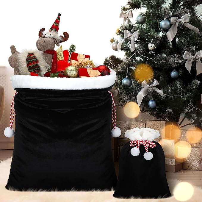 Shappy 2 Pieces Christmas Velvet Santa Bags with Drawstring in 2 Size Large Christmas Bags Santa Gift Sack for Xmas Playing Present Toy(Black)