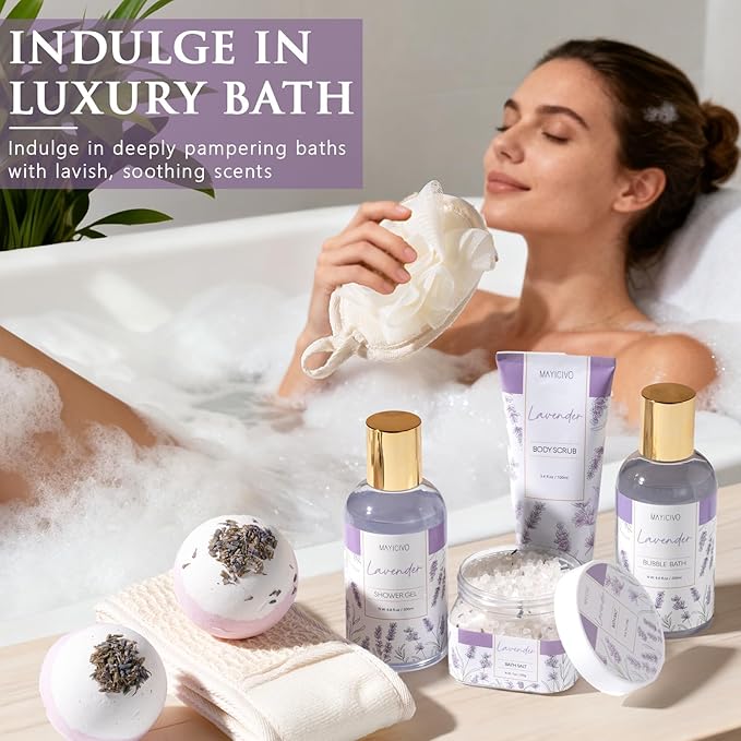 Christmas Birthday Gifts for Women, Lavender Relaxing Spa Gift Baskets for Women Self Care Package Bath Gift Set, Home Bath and Body Kit Pamper Gifts for Womens Mom Her Friends Sister Wife Girlfriend