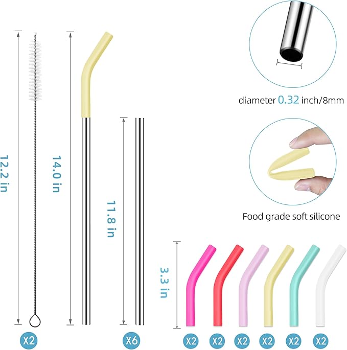 40 oz Stainless Metal Straws for 40 oz Stanley Tumbler, 6Pcs Reusable Straight Long Steel Straws with 12 Silicone Tips and 2 Straw Cleaning Brushes(6Color3, 40oz)