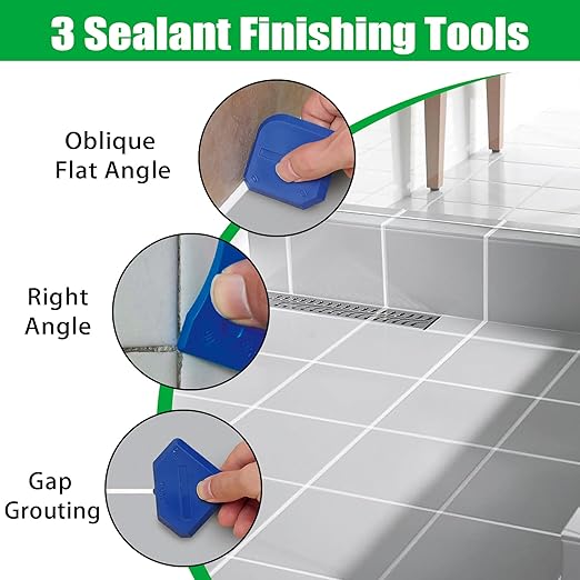 3 in 1 Silicone Caulking Tools, 10 Pack, Grout Removal Sealant Finishing Tool with Scraper(Stainless Steelhead), 5 Exchange Silicone Pads, Ideal for Kitchen, Bathroom, Tub Tile, Window Sealing