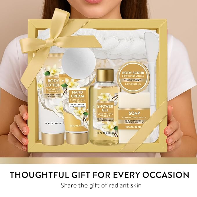 Cozy Vanilla Christmas Gift Sets for Women, 8 Piece Bath and Body Care with Bubble Bath, Relaxing Spa Gifts for Mom, Self Care Gift Basket Set Includes Body Scrub, Hand Cream, Soap for Birthdays