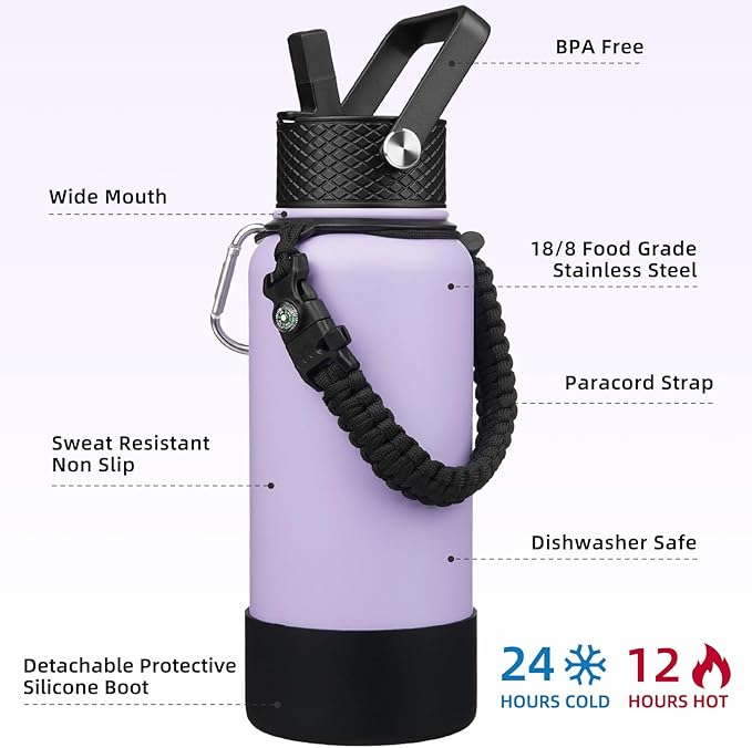 BJPKPK 32oz Insulated Water Bottles with 3 Lids, Paracord Handle & Non-slip Boot, Stainless Steel Metal Water Bottle,Reusable BPA Free Thermal Flasks, Tumblers, Lavender