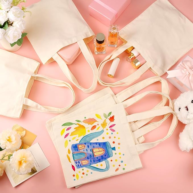 Petallush 24 Pack Canvas Tote Bags Bulk, Reusable Blank Tote Bags with Handles & Acrylic Paint Set, Small Cotton Tote Bag