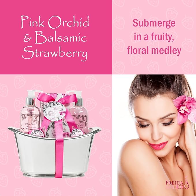 Aromatherapy Essentials Spa Set for Women in Large Silver Tub. Bath Set Includes 2 Bath Bombs, Body Lotion, etc (Pink Orchid and Balsamic Strawberry)