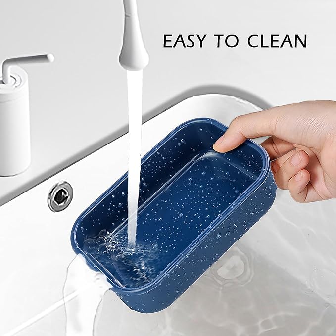 Enhanced Leak Proof Travel Case with Lid, Large Silicone Container for Traveling,Shampoo Bar Holder, Soap Dish with Draining Layer, Bar Soap Caddy (Offwhite & Blue)