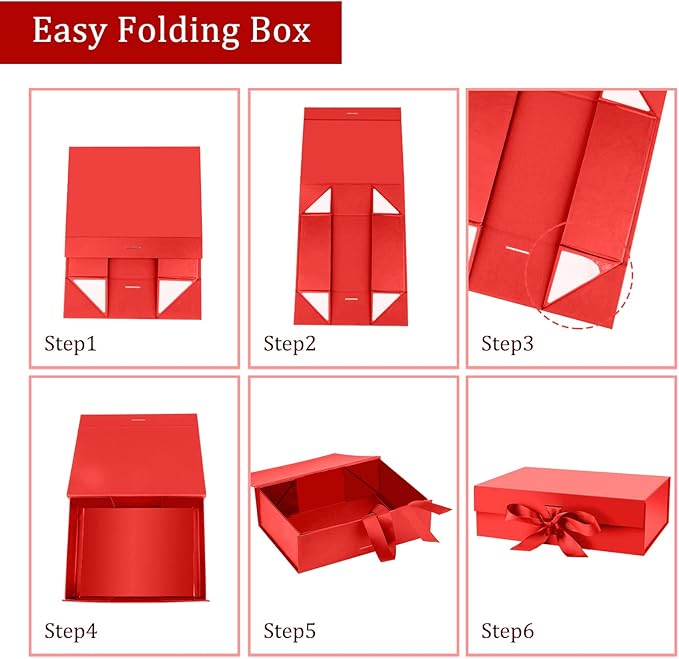 Gift Box with Lid for Presents 10.5x7.5x3.1 Inches with Ribbon and Magnetic Closure(1-Pack) (Red)