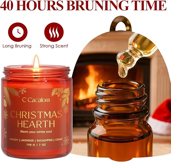 Christmas Soy Candles for Christmas Home Decor Non-Toxic Aromatherapy Scented Candles for Holiday Christmas Gifts, Cozy Cute Jar Candle, Winter Candle for Women Men, Christmas Hearth Lavender Candle