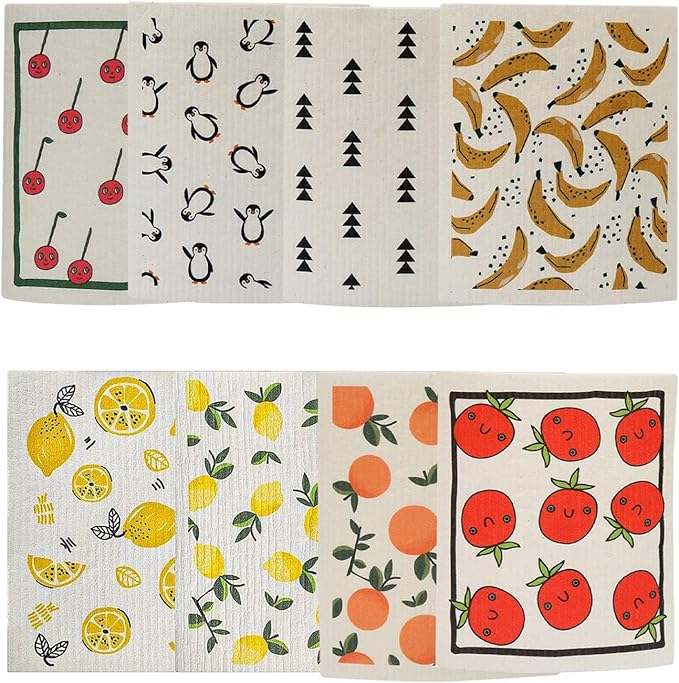 Reusable Swedish Dish Cloths | 8 Pack Absorbent Non Scratch Cellulose Cotton Cleaning Towels | Quick Dry Washable Eco Kitchen Wipes for Dishwashing Home Surfaces and Everyday Cleanup