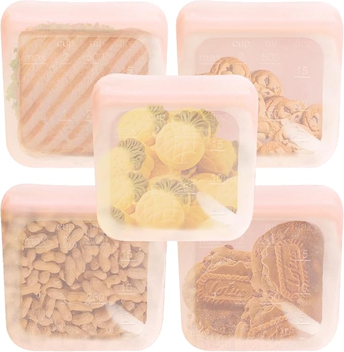 purifyou Set of 5 Reusable Silicone Storage Snack Bags 6oz / 16oz / 32oz / 64oz Self-Seal Food Storage Container for Fruits, Vegetables, Sandwiches, Dishwasher Safe & Leak-free (CloudPink, 16oz)