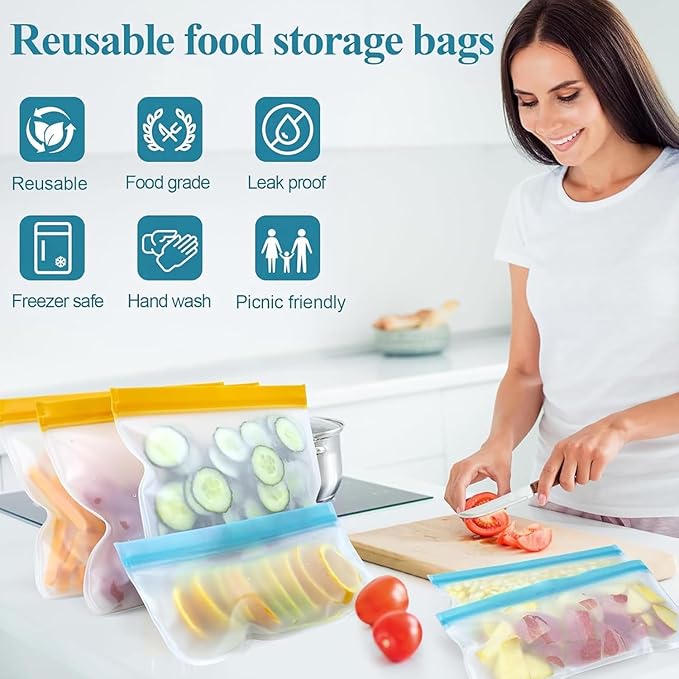 10 Pack Dishwasher reusable bags Silicone,BPA Free, Leakproof Freezer Bags, reusable silicone bags for Lunch Marinate Food Travel - 3 Gallon 4 Sandwich 3 Snack Bags