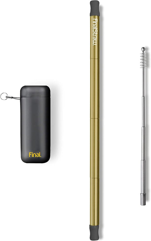 FinalStraw Collapsible, Reusable, Metal Straw | Travel Case, Cleaning Tool | Easy to Clean | Stainless Steel and 100% Silicon Tips | Eco-Friendly | Pirate's Booty Black Case, Gold Stainless Steel