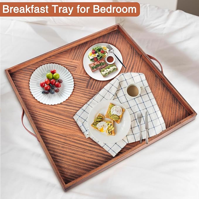 Large Ottoman Wood Trays, Wooden Serving Tray with Handles, Large Ottoman Tray, Square Wooden Serving Tray for Coffee Table, Living Room and Kitchen, 24 x 24 inch
