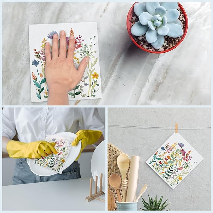 Swedish Dishcloths for Kitchen, Summer Wildflower Dish Rags Floral Kitchen Dish Towels for Washing Dishes, 4 Pack Reusable Paper Towels, Sponge Cloths for Home Cleaning Cooking Baking