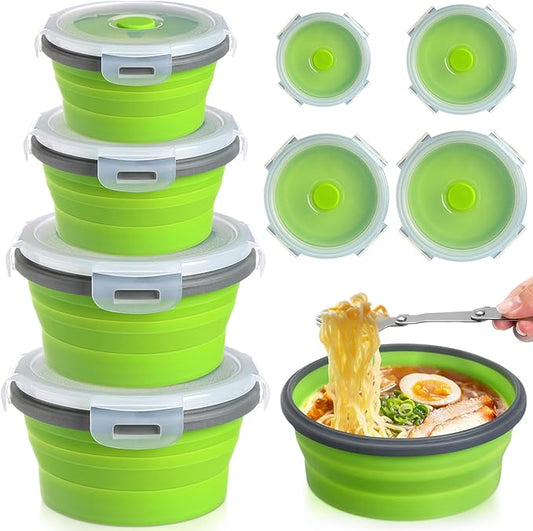 Suclain 4 Pcs Collapsible Bowls with Lids Silicone Camping Food Storage Container Expandable Folding Salad Lunch Box Travel Container for Hiking Camping(Green,12, 17, 27, 41 oz)