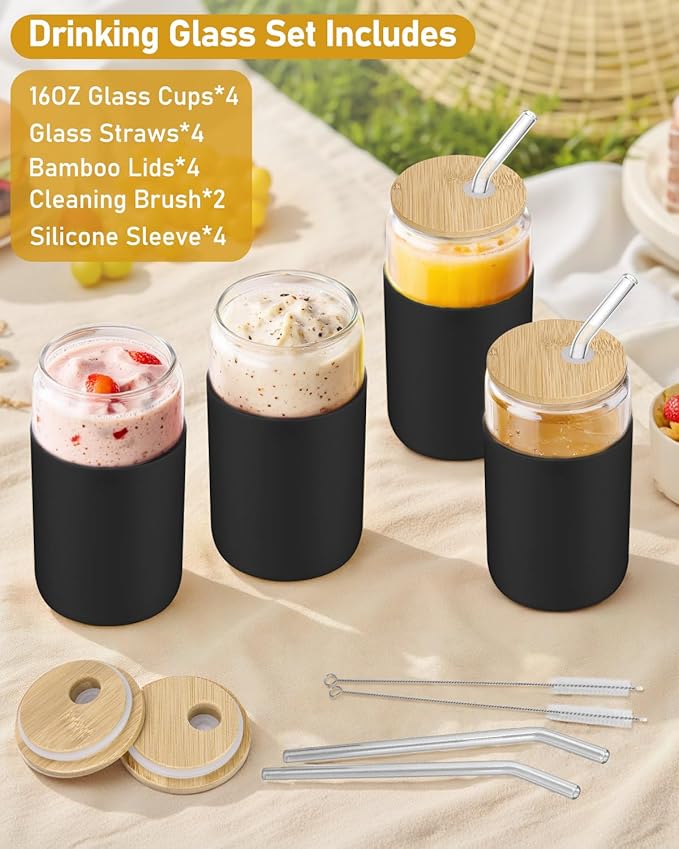 sungwoo Glass Cups with Lids and Straws, 4 Pack 16OZ Iced Coffee Cups with Silicone Sleeve, Glass Tumbler with Straw and Bamboo Lid, Home Essential Drinking Set for Juice, Cocktail and Latte Black