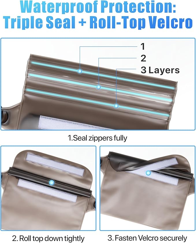 F-color Waterproof Fanny Pack - Cruise Essentials 2025 - Waterproof Pouch, Triple Zipper Roll-Top Dry Bag for Phone with Adjustable Waist Strap, Keep Passport Valuables Dry for Beach Kayaking Boating