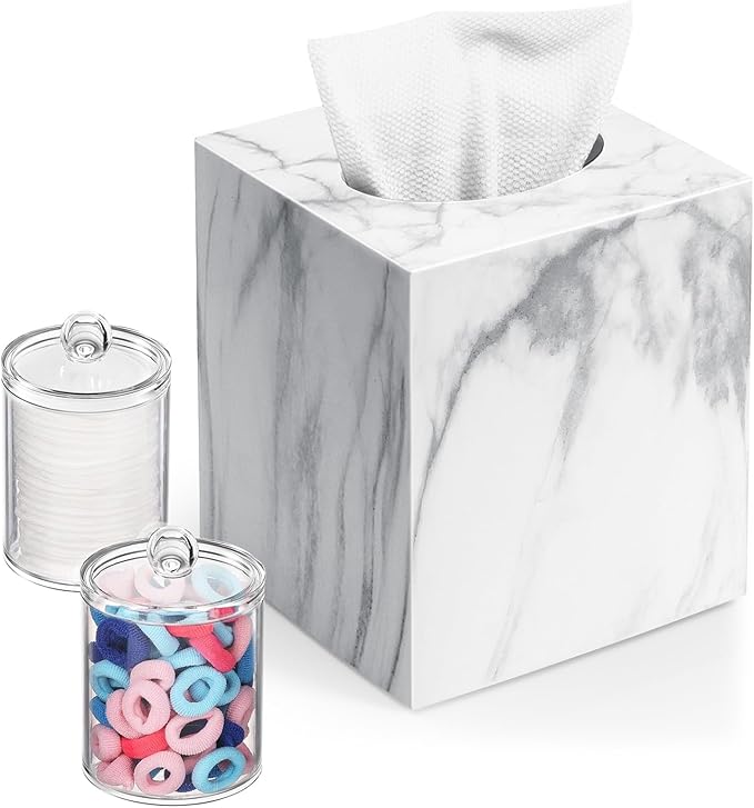 Tissue Box Cover, Square Facial Acrylic Tissue Holder with 2 Pack Clear Qtip Holder Dispenser, Bathroom Vanity Dresser Night Stand Essentials Accessories Decor, Modern Farmhouse Decor, Marble