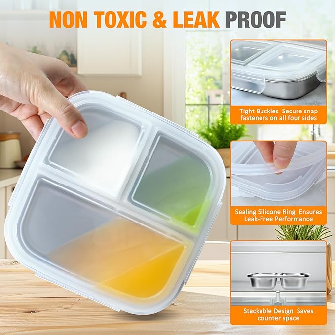 RAOOKIF 2 Pack Stainless Steel Snack Containers With Lids, 3 Compartment Leak-proof Food Storage Containers, 20 oz Reusable Grab and Go Snack Box for School, Home, Office, and Camping, Dishwasher-Safe