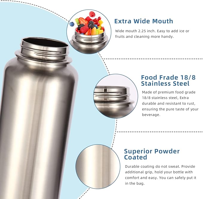 Volhoply Insulated Water Bottles Bulk 2 Pack, 40 oz Stainless Steel Sports Bottle with Paracord Handle & Spout Lid, Double Walled Vacuum Metal Cups,Reusable Big Water jug for Hiking(Silver,2 Set)