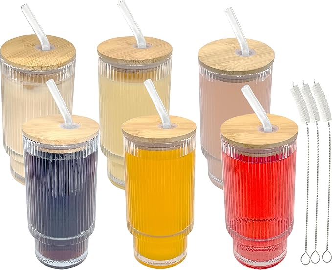 6-Pack Ribbed Glass Tumblers with Lids and Straws - 16oz Iced Coffee Cups, Reusable Glass Cups with Bamboo Lids Set for Tea, Matcha, Cocktails & Sparkling Water - Gift for Christmas, Birthdays