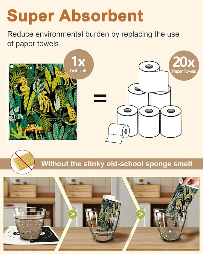 Kitchen Swedish Dishcloths with Hooks - 6 Pack Reusable Dish Cloths for Washing Dishes Fast Drying Cute Fun Swedish Dish Towels Washable Cleaning Sponge, Snake Tiger Leopard