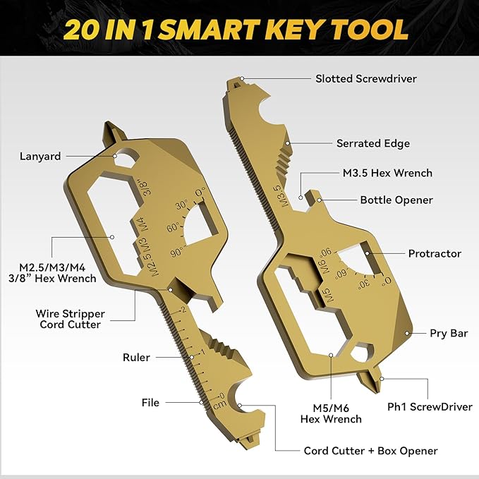 Key Shaped Pocket MultiTool 20-in1 Multi Tool, Stainless Steel Keychain Utility Gadget,Gift for Men, Women, Father,Groomsmen, Valentine's, Birthday, Christmas(Gold)