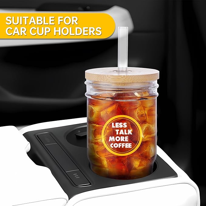 2 Pcs Glass Cups with Lids and Straws, 20oz/600ml Ice Glass Coffee Cups with Lids, Reusable Wide Mouth Tumbler with & Leakproof Metal Lid & Eco Bamboo Lid & Cleaning Kit