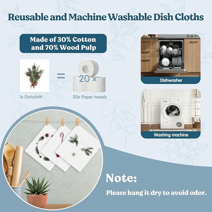 Swedish Dishcloths for Kitchen, Christmas Wreath Xmas Winter Kitchen Dish Towels for Washing Dishes, 4 Pack Reusable Paper Towels, Sponge Cloths for Holiday Home Cleaning Baking Cooking